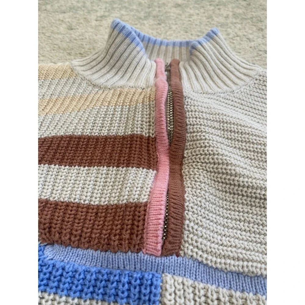 Flat White Size Small 80s Striped 1/4 Zip Sweater Oversized Hamptons East Coast